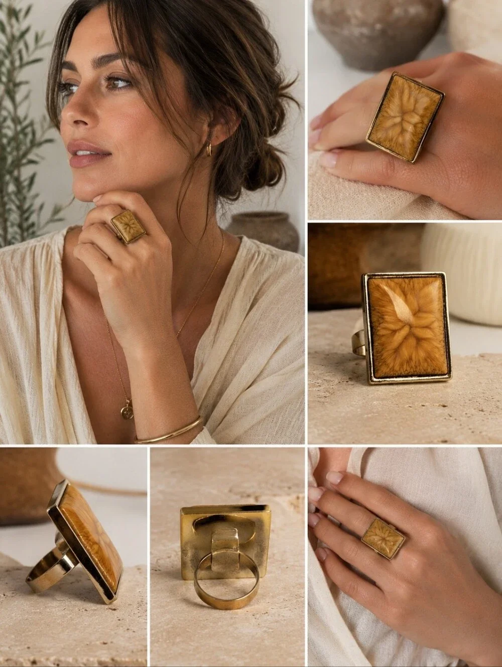 Statement Square Resin Ring Size 7 Cream Marbled Gold Tone Retro